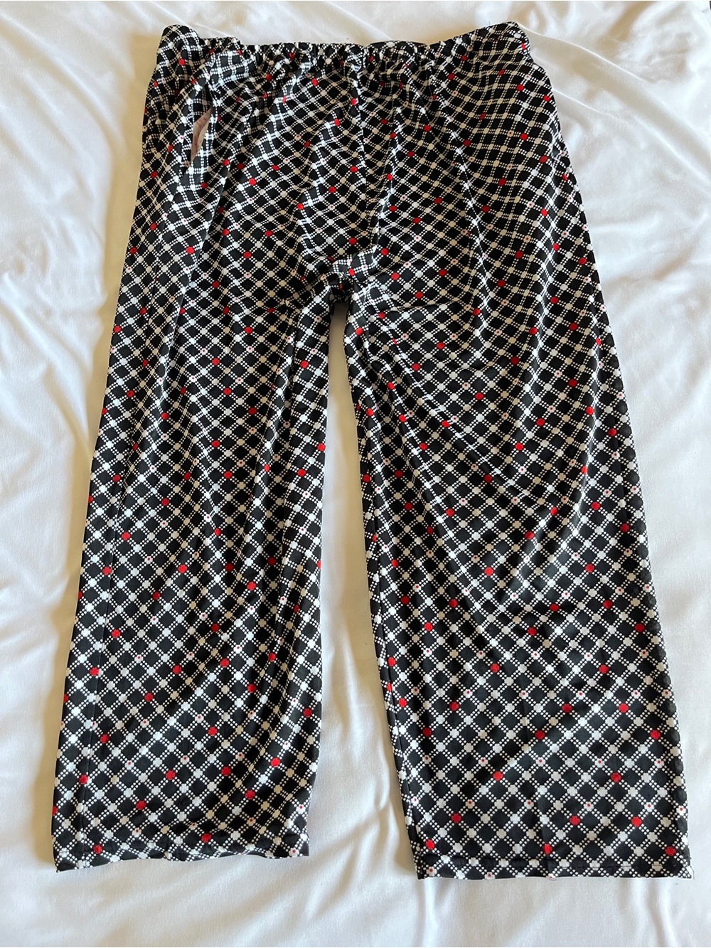 Vintage Geometric Plaid Wide Leg Pants Black White Red Elastic Waist Stretch